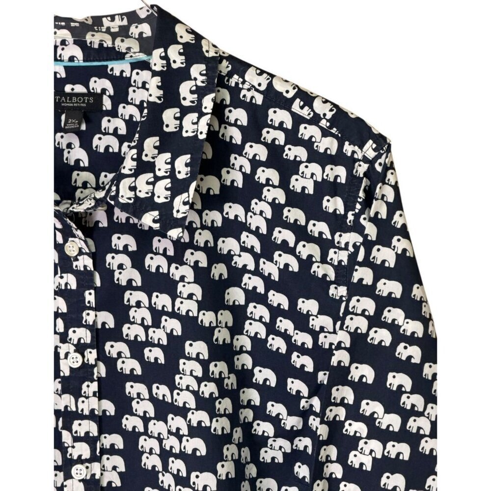 Talbots Elephant Print Button Up Shirt Navy Women Petites 2XP - Picture 6 of 8